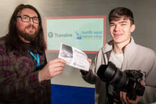 Michael Timoney left from the North West Regional College pictured with filmmaker Ben Lagan Mc Cullough whose advertisement was one of the winning entries in the Translink y Link card competition 2