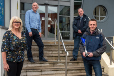 NWRC HNC Construction student Samuel Montgomery (far right), winner of the PBL (Project Based Learning) award for Green/Environment, showcasing a new building design for Ulster University’s Medical Building, pictured with Annette Smith, Project Based Learning Co-Ordinator/Mentor at NWRC, Tony McDaid, Lecturer in the Built Environment, and Paul McSwiggan, Environmental Health, Derry City and Strabane District Council, who sponsored the award.