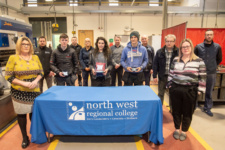 Janice Nelson, centre, first prize winner, Jamie Craig, left, Matthew Nicholl right, pictured with staff and lecturers in the Welding workshop of NWRC during the Skills competition at Springtown Campus.