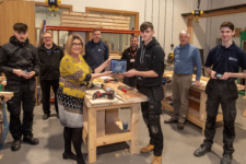 Dylan Payne, first prize winner in Carpentry, receives his award from Karen Moore, Head of Quality Enhancement at NWRC at the college's Skills competition. Also picture from left are: Matthew Hasson (2nd), Alan Starrs, Lecturer, Gavin Campbell, Lecturer, Pat Phillips, Worldskills Judge, Bob Martin, Judge, and Thomas Meenagh, (3rd).