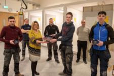 Morgan Nutt, first in Tiling, receives his prize from Karen Moore, Head of Quality Enhancement at NWRC at the college's Skills competition. Left is Stephen Doherty (second place), and right, Eamon McAteer, (third). Also pictured are: Marty McLaughlin, lecturer, Paul Doran, Worldskills and Joe Porteous, Curriculum Manager.