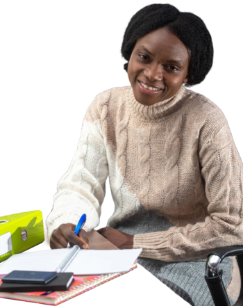 Female smiling holding pen