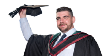Student wearing graduate robe and mortarboard