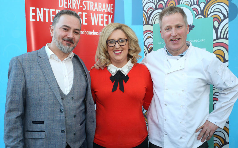 2 business men and 1 business woman smiling during Derry-Strabane Enterprise Week
