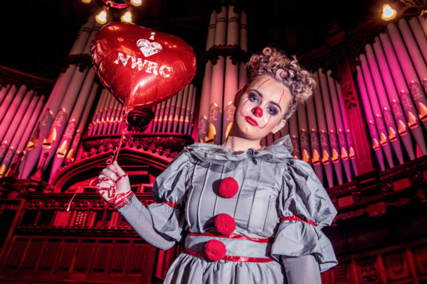 Female model dressed as Pennywise the Clown at the NWRC Halloween Hair Beauty Showcase held at the Guildhall in Derry Londonderry