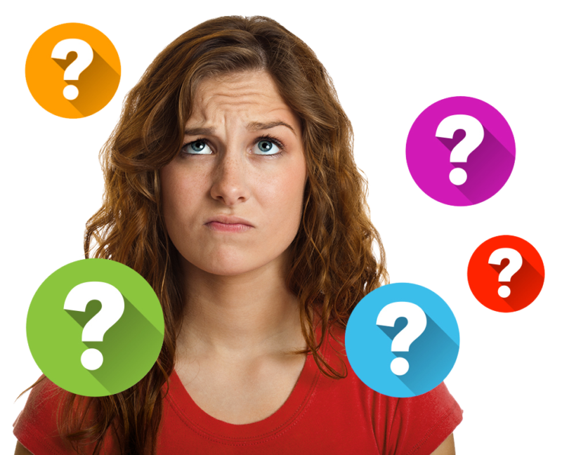 Girl with confused expression surrounded by question marks