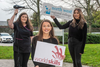 NWRC Limavady Campus Hairdressing students Brooklyn Scargill, Aine Brolly, and Caitlín McVey, who all finished in the top ten at Worldskills. (Picture Martin McKeown).