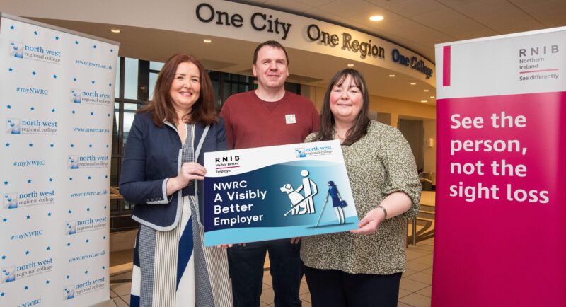 From left Wendy Herbison RNIB Joe Kenny RNIB Fiona Hamilton NWRC celebrate the Colleges new award