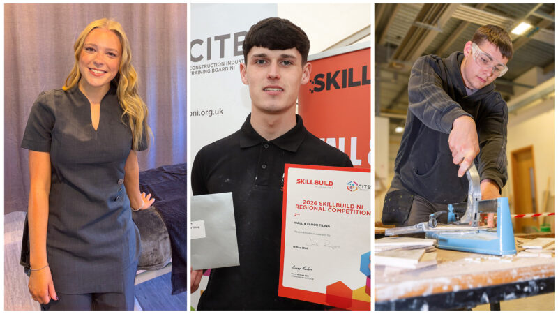 Collage of three students - the first is female and in a beauticians salon, the second is male and holding a certificate, the third is male and is cutting tiles.