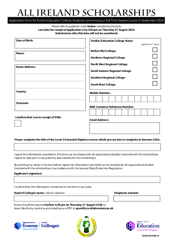 All Ireland Scholarship Scheme 2026 Application Form for Further Education College Students